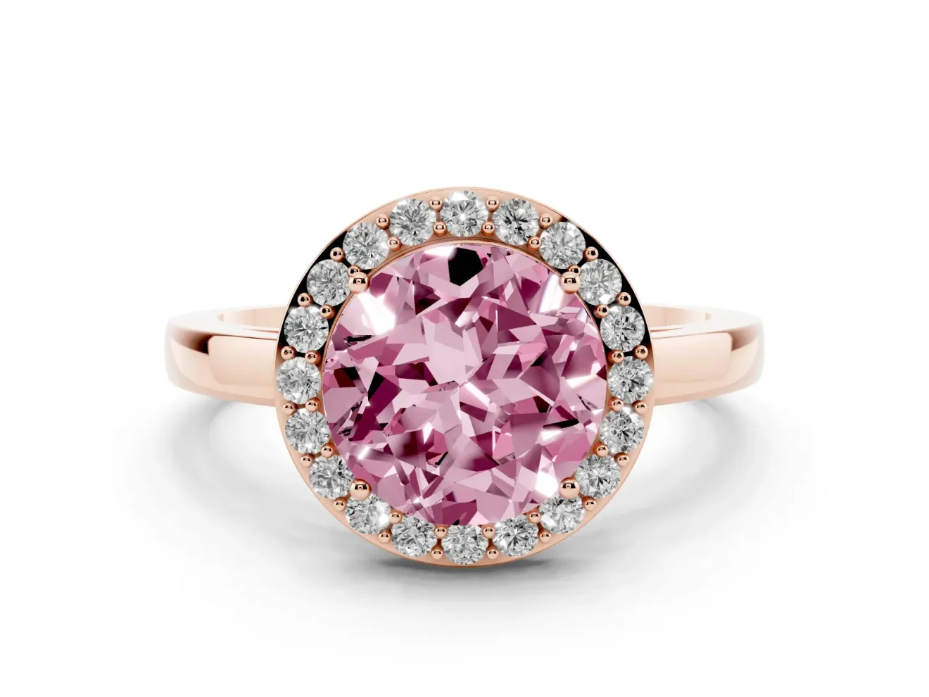 Round Thin Halo Engagement Ring Setting for a Fancy Pink Lab-Grown Diamond | Plain Band | Rose Gold