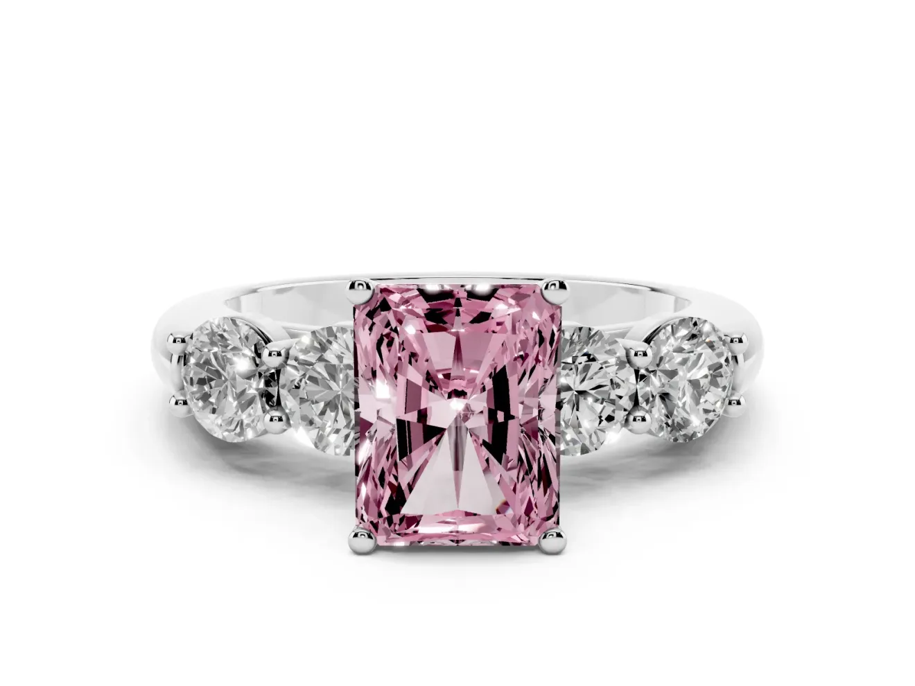 Radiant Cut Five Stone Engagement Ring Setting for a Fancy Pink Lab-Grown Diamond | Prong Set Side Stones | White Gold