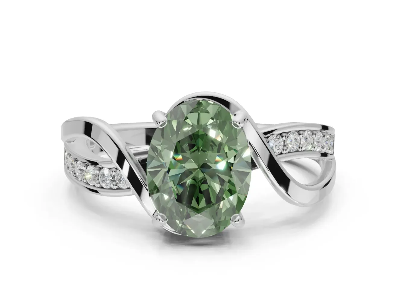 Oval Bypass Solitaire Engagement Ring Setting for a Fancy Green Lab-Grown Diamond | Pavé and Plain Strands | Platinum