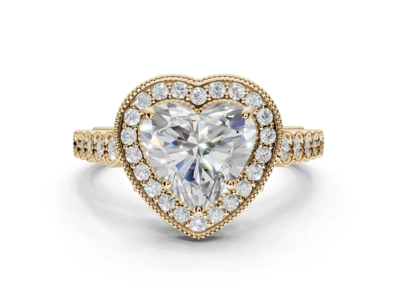 Heart-Shaped Milgrain Halo Engagement Ring Setting | Graduated Bezel Accents | Yellow Gold