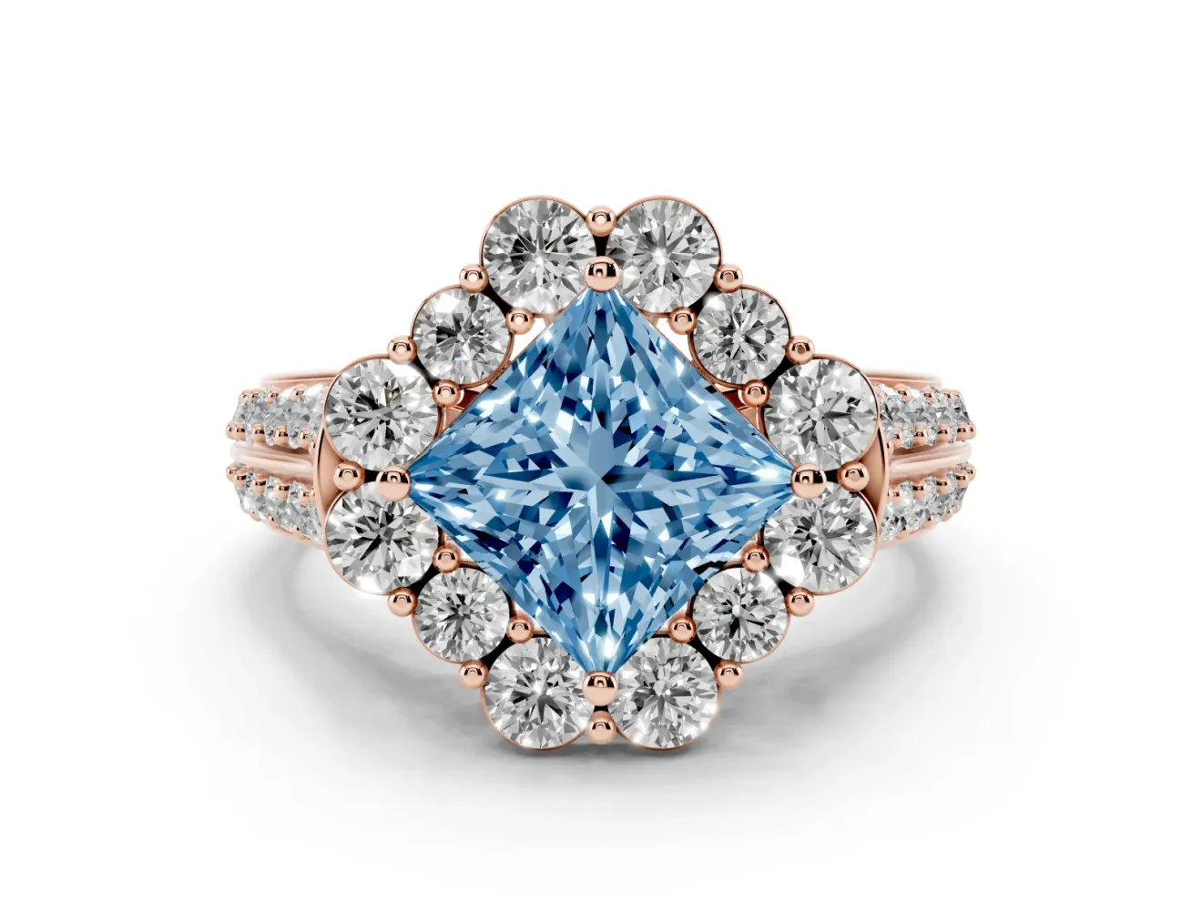 Fancy Blue Princess Cut Diamond Halo Engagement Ring Set in Rose gold with Split Shank and Prong Setting