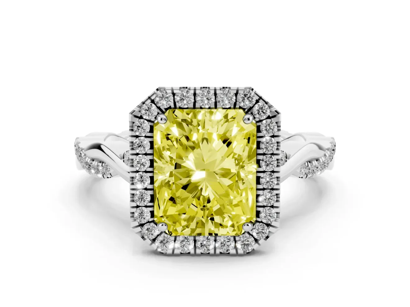 Radiant Cut Halo Engagement Ring Setting for a Fancy Yellow Lab-Grown Diamond | Pavé Twist Band | Sterling Silver