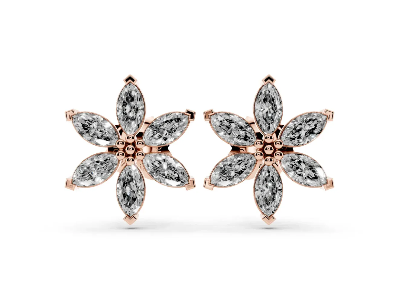 Marquise Lab-Grown Diamond Six Petal Flower Stud Earrings | Beaded Middle | Rose Gold