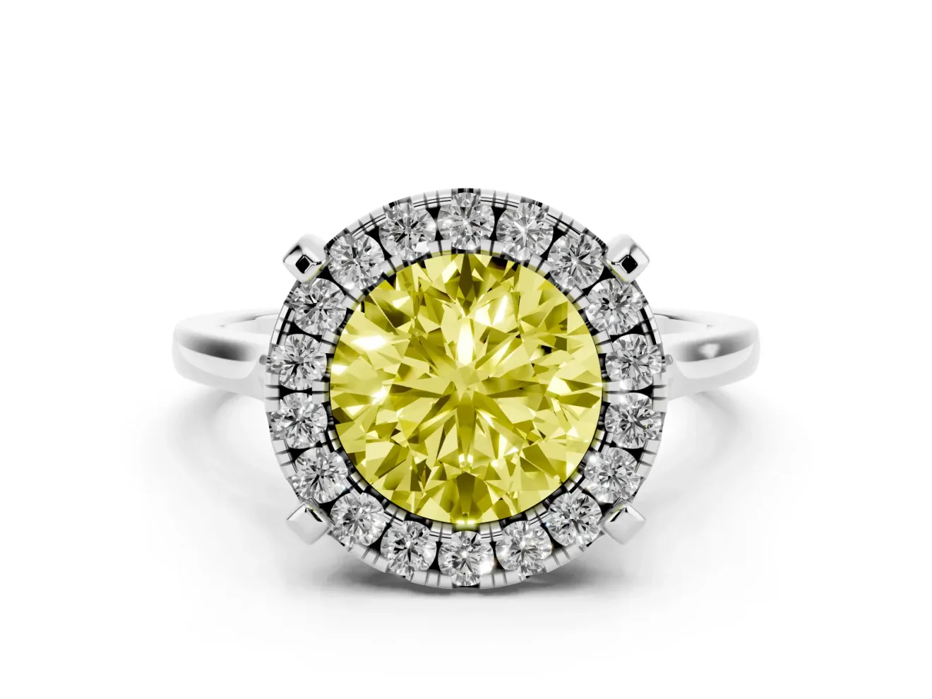 Round Claw Corner Halo Engagement Ring Setting for a Fancy Yellow Lab-Grown Diamond | Slim Plain Band | Sterling Silver