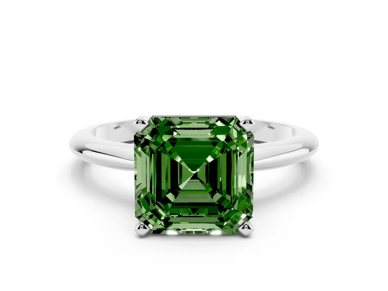 Fancy Green Asscher Cut Diamond Solitaire Ring Set in Platinum with Prong Setting on a Plain Round Band
