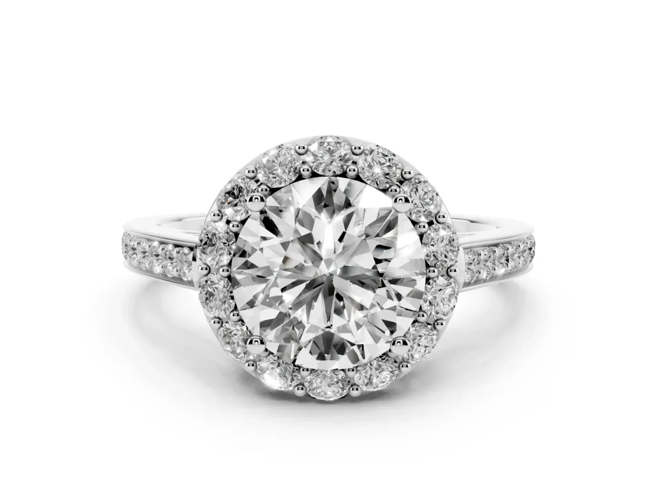 Round Cut Diamond Floral Halo Ring Set in Silver with Pavé Band and Prong Setting
