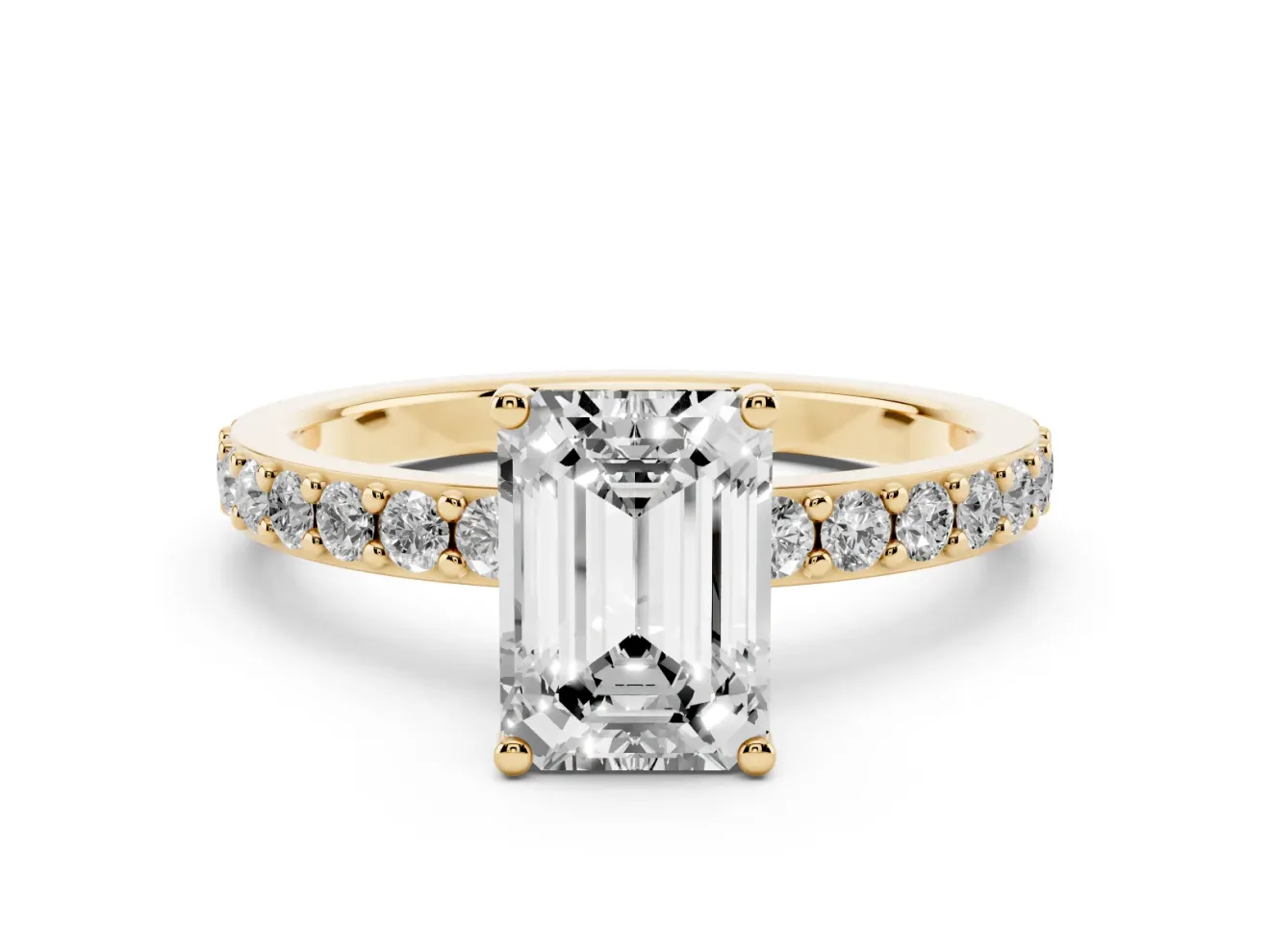 Emerald Cut Diamond Solitaire Set in Yellow gold with Round Pavé Band and Prong Setting