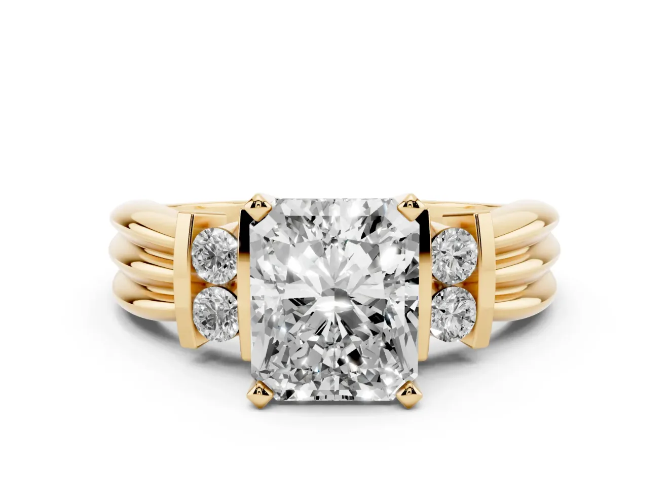 Three-Stone Radiant Cut Diamond Channel Set Ring Set in Yellow gold with Bar Prongs