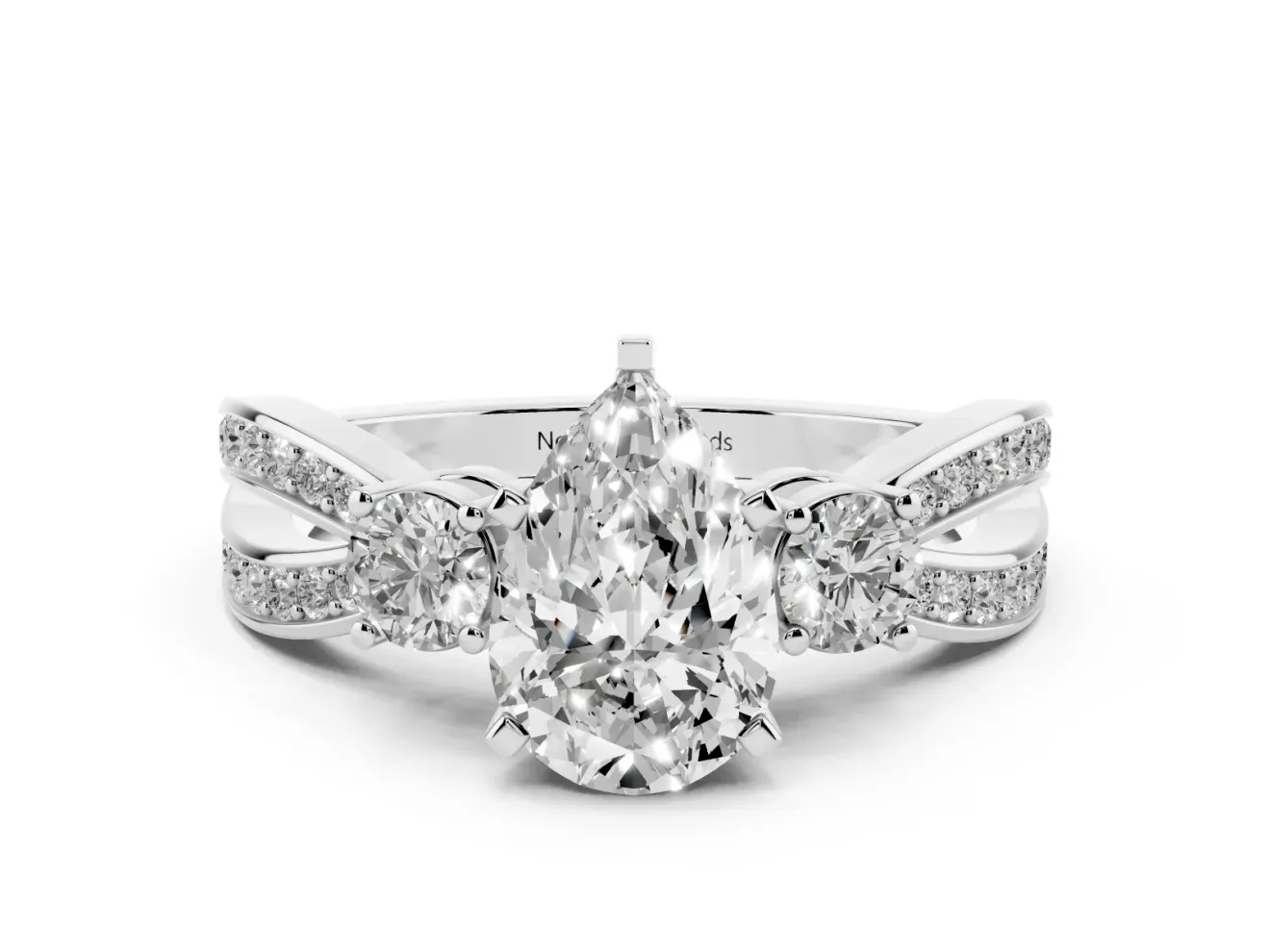 Three-Stone Pear Cut Diamond Twist Band Ring Set in Silver with Pavé Accents and Prong Setting