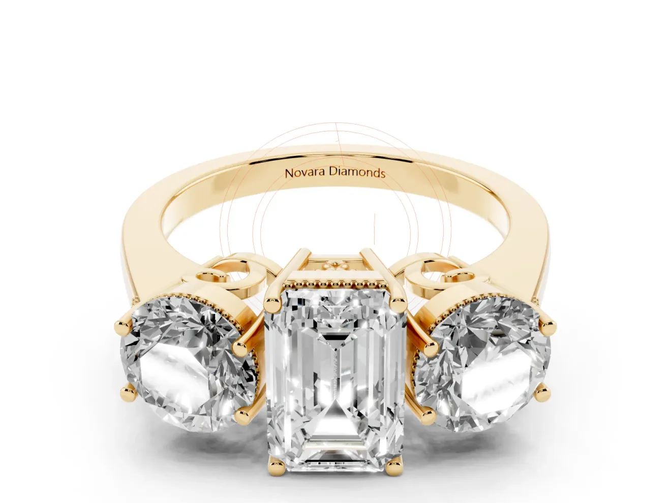 Emerald Cut Vintage Three Stone Engagement Ring Setting | Milgrain Baskets | Yellow Gold