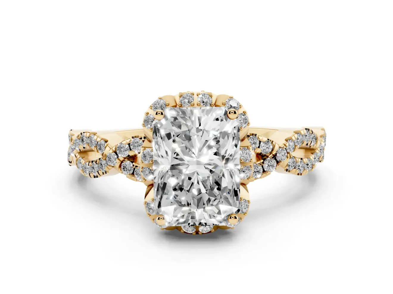 Radiant Cut Milgrain Halo Engagement Ring Setting | Graduated Shoulders | Yellow Gold