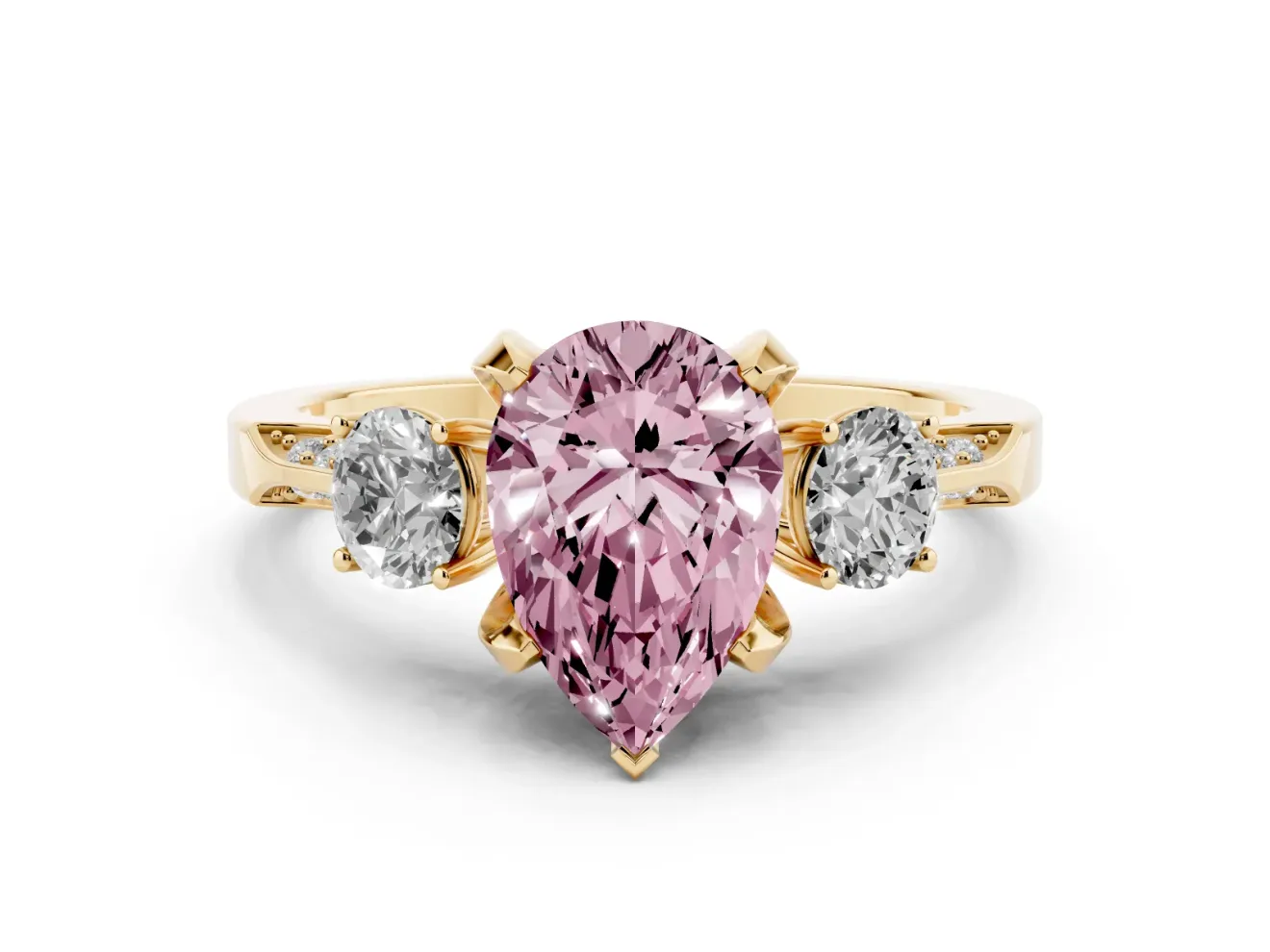 Pear-Shaped Hidden Halo Three Stone Engagement Ring Setting for a Fancy Pink Lab-Grown Diamond | Yellow Gold