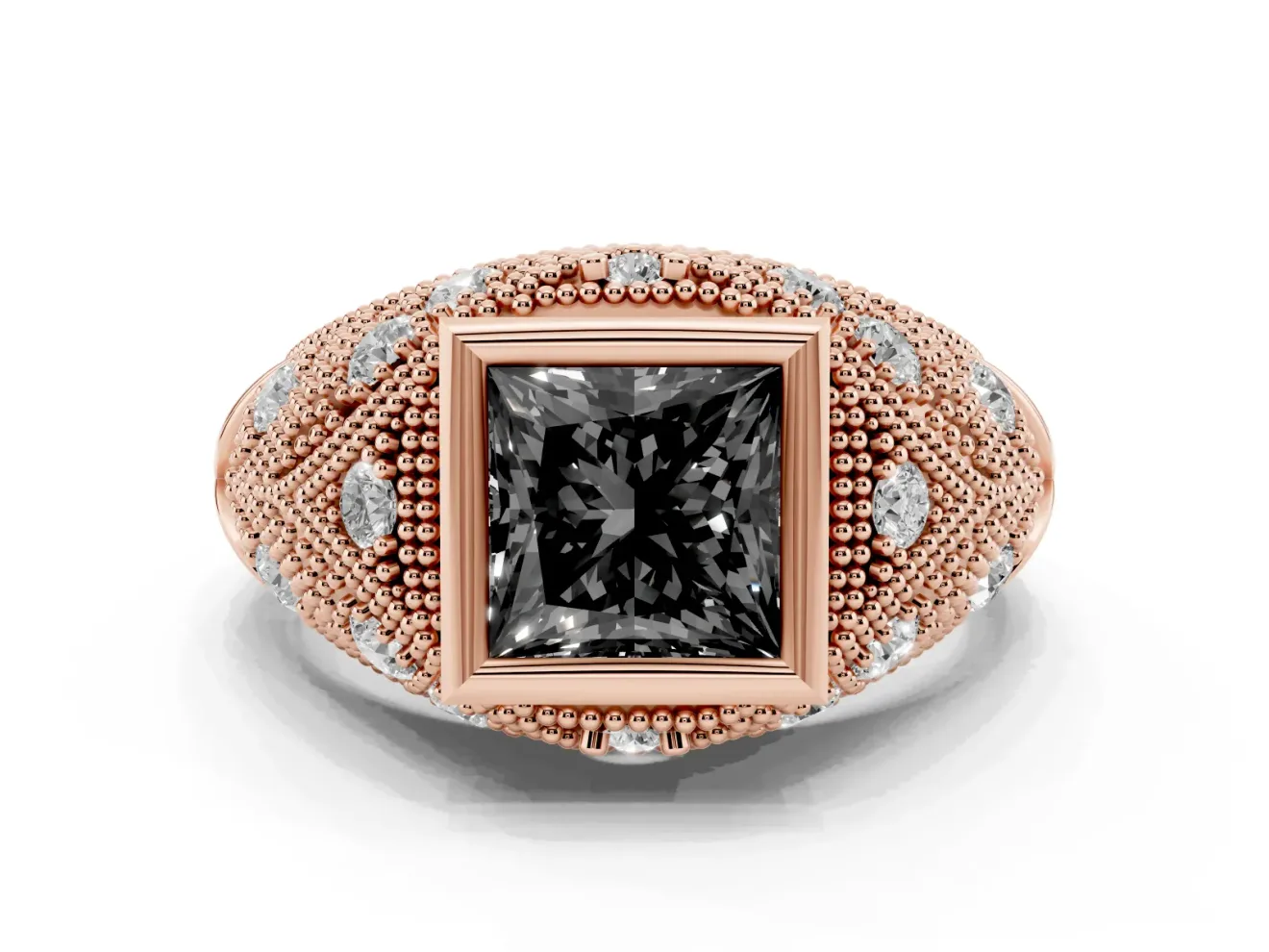 Princess Cut Vintage Bezel Engagement Ring Setting for a Black Center | Milgrain Band | Rose Gold