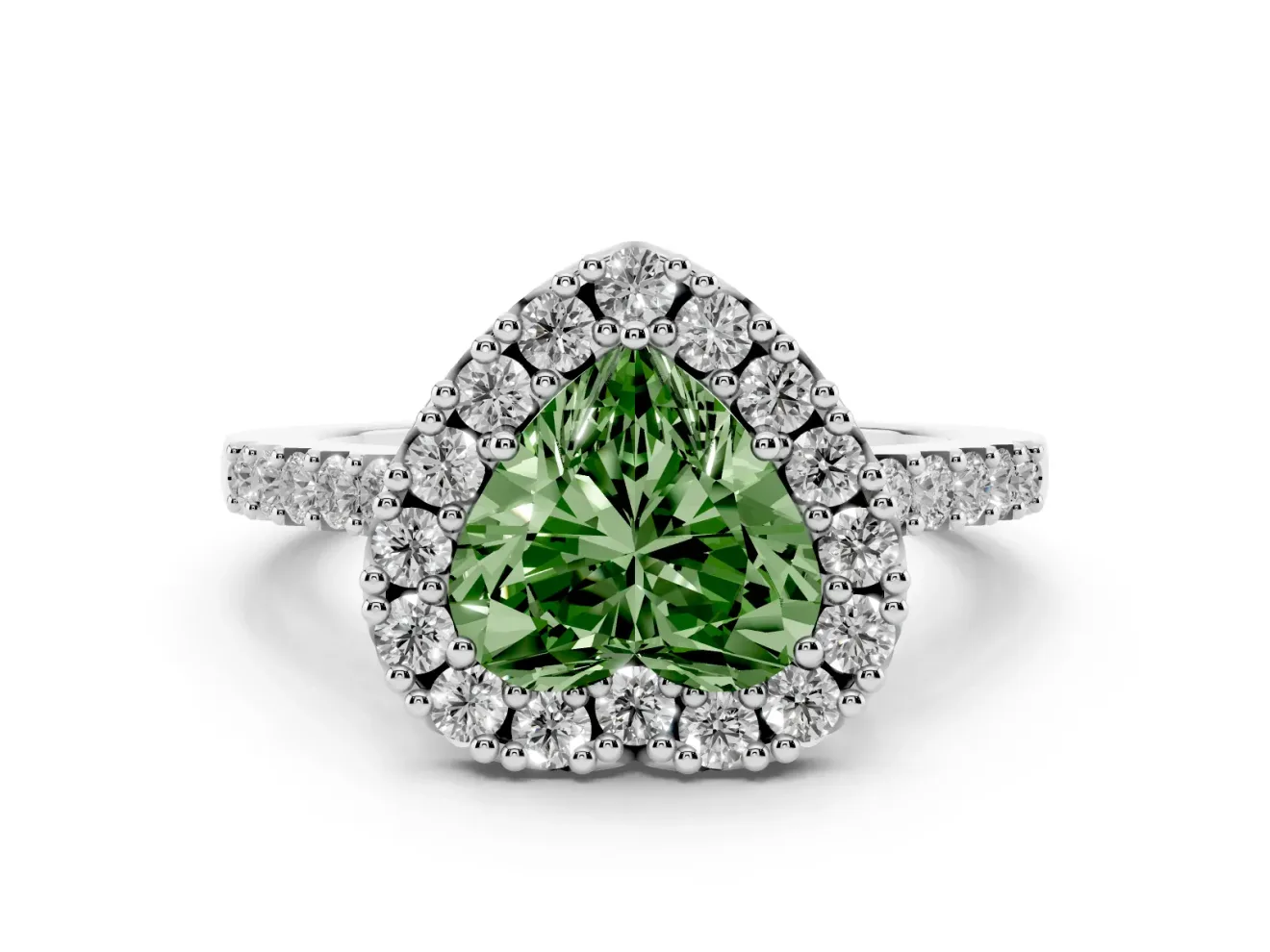 Fancy Green Heart Cut Diamond Halo Pavé Solitaire Ring Set in Platinum with Prong-Set Center Stone