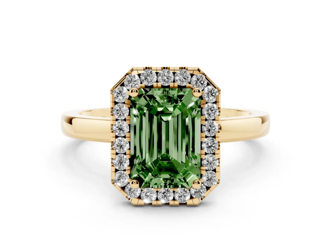 Emerald Cut Thin Halo Engagement Ring Setting for a Fancy Green Lab-Grown Diamond | Plain Polished Band | Yellow Gold