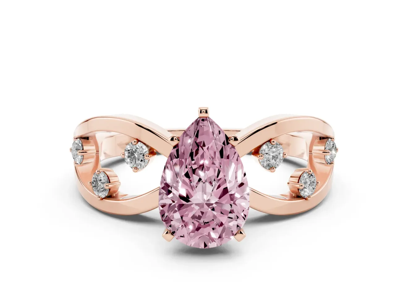 Fancy Pink Pear Cut Diamond Solitaire Ring Set in Rose gold with Side Stones on Criss-Cross Band and Prong Setting