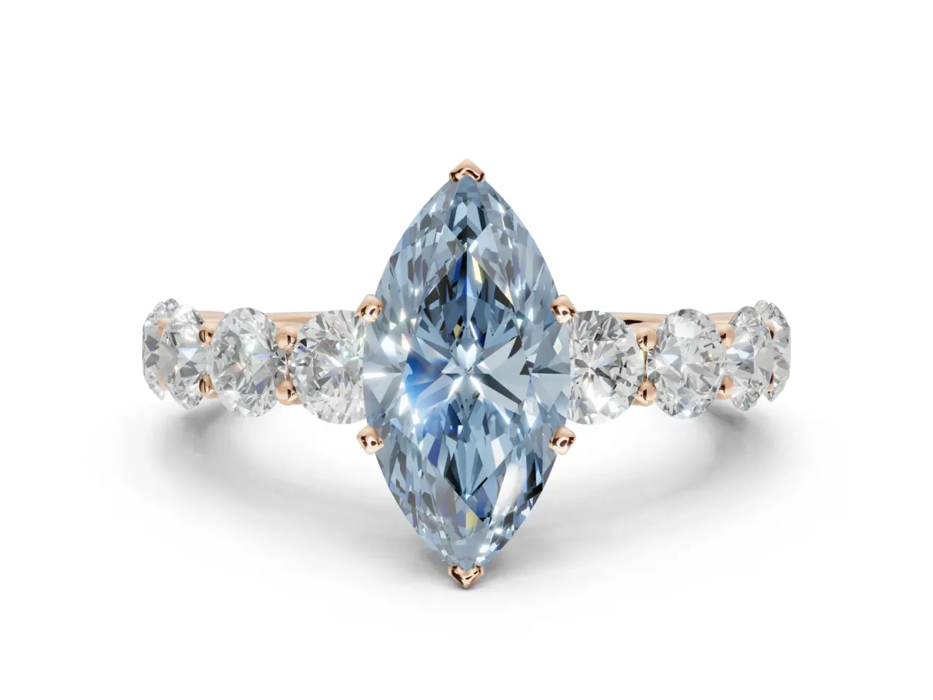 Marquise Side Stone Engagement Ring Setting for a Fancy Blue Lab-Grown Diamond | Scalloped Prong Accents | Rose Gold