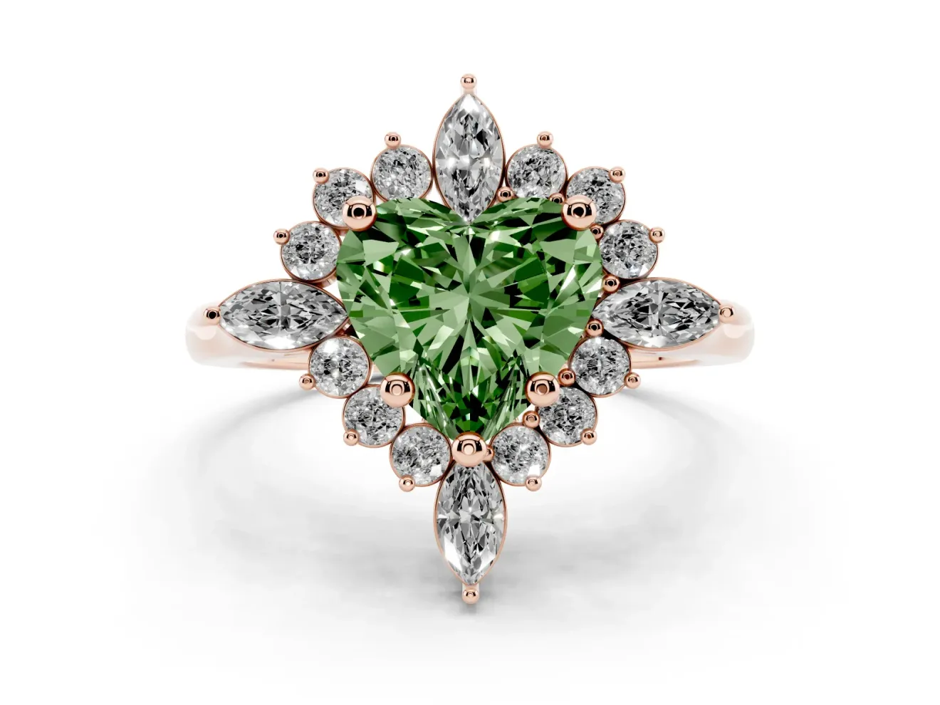 Fancy Green Heart Cut Diamond Cluster Halo Ring Set in Rose gold with Marquise and Round Accents
