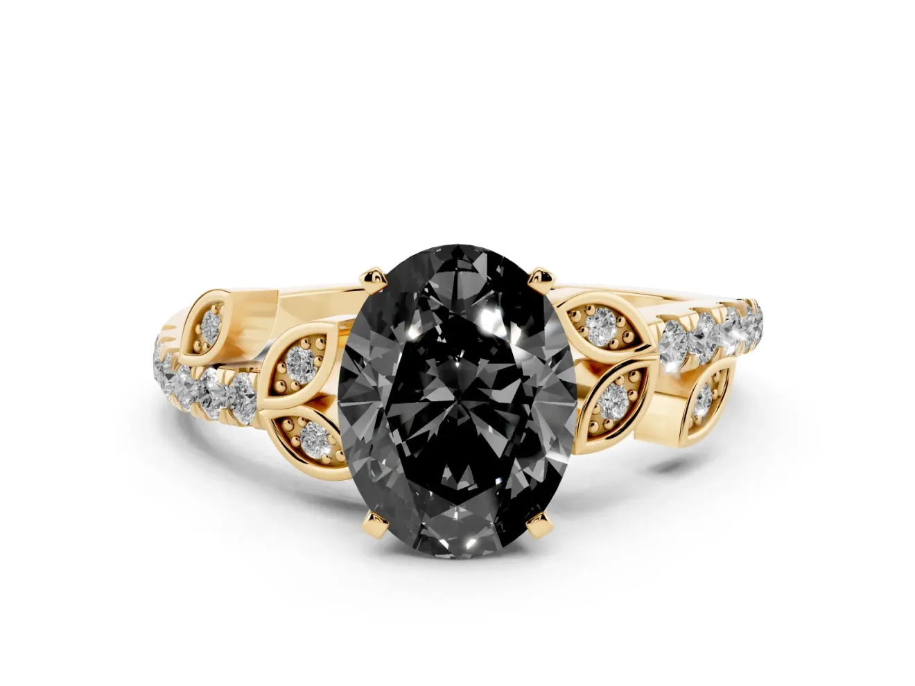 Fancy Black Oval Cut Diamond Solitaire Leaf-Inspired Ring Set in Yellow gold with Pavé Band and Prong Setting