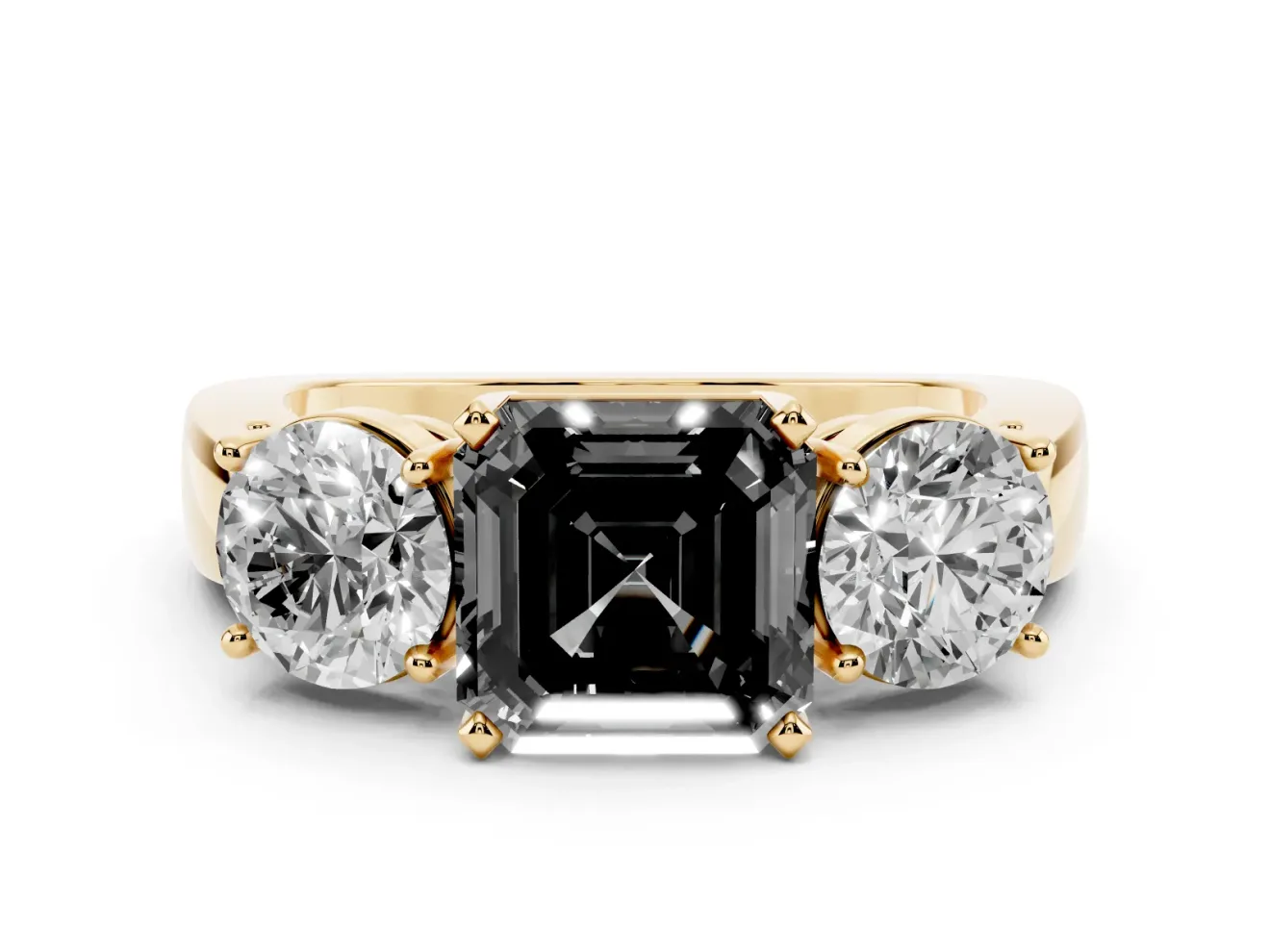 Asscher Cut Three Stone Engagement Ring Setting for a Black Center | Round Side Stones | Yellow Gold