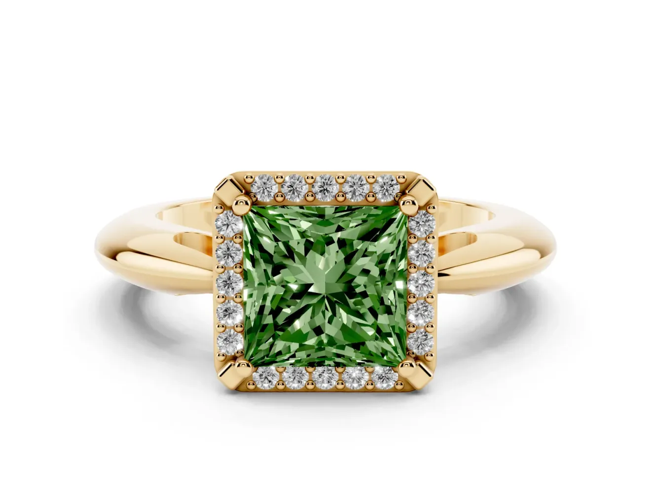 Fancy Green Princess Cut Diamond Halo Engagement Ring Set in Yellow gold with Plain Split Shank and Prong Setting