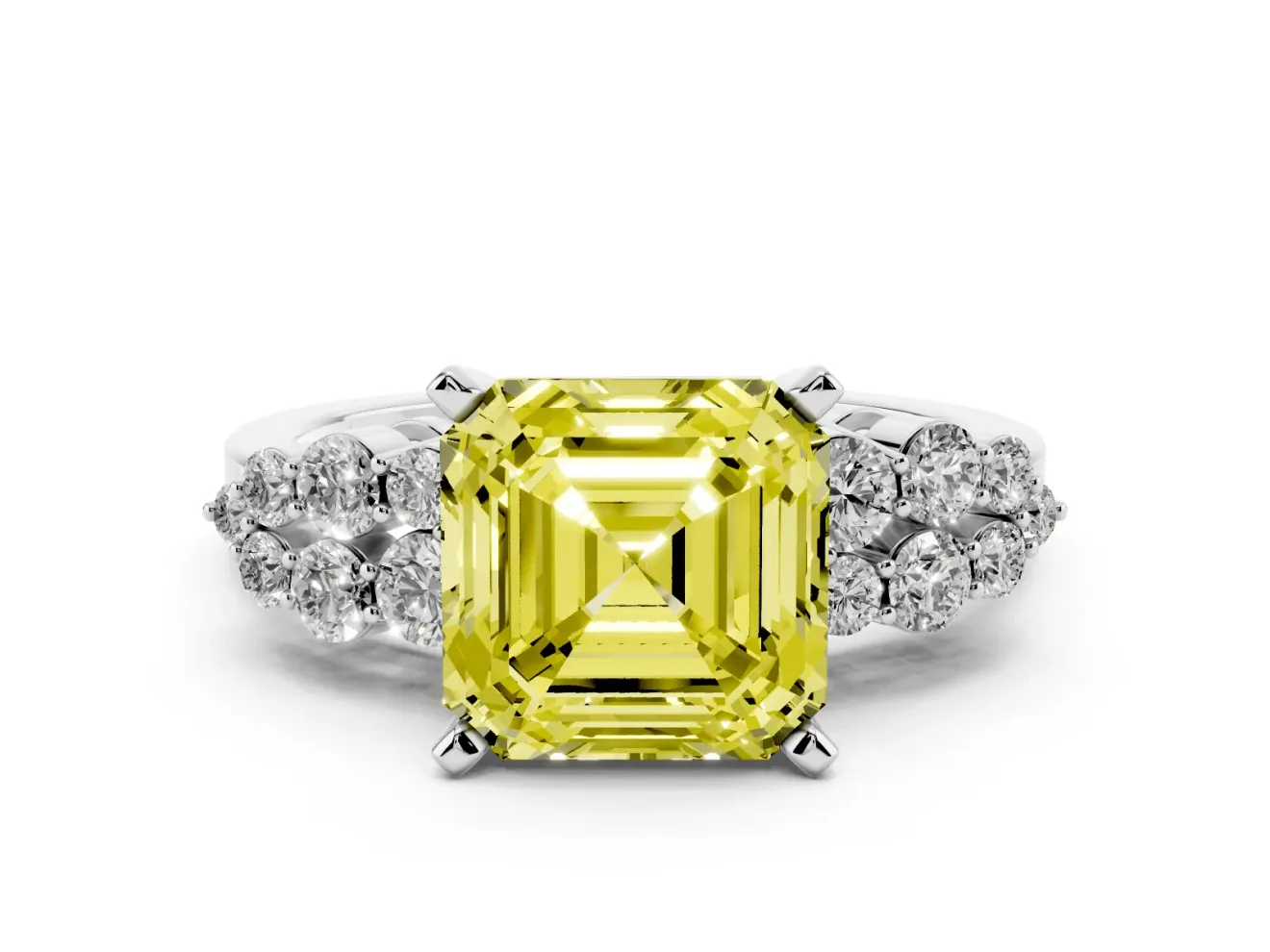 Fancy Yellow Asscher Cut Diamond Cluster Engagement Ring Set in Platinum with Pavé Band and Prong Setting