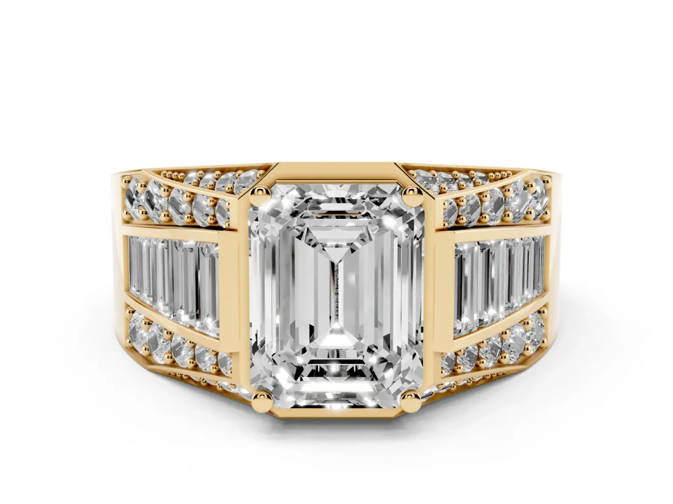 Emerald Cut Men's Graduated Baguette Engagement Ring Setting | Raised Frame Head | Yellow Gold