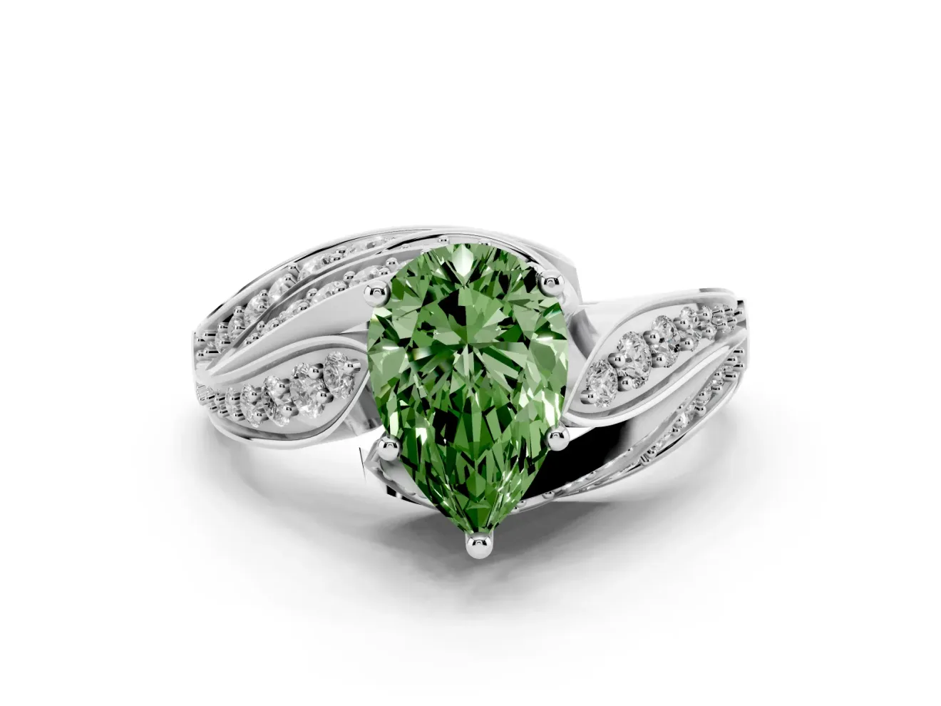 Fancy Green Pear Cut Diamond Solitaire Ring Set in Silver with Layered Twist Pavé Band