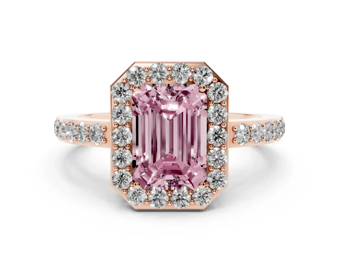 Fancy Pink Emerald Cut Diamond Halo Ring Set in Rose gold with Pavé-Setting Band and Open Prong Center
