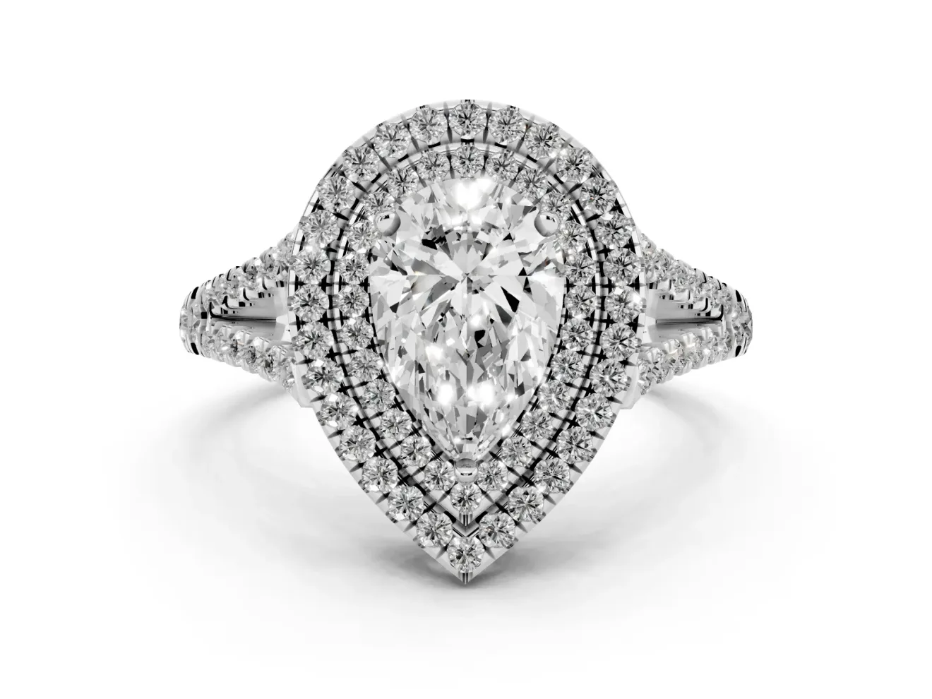 Pear-Shaped Double Halo Split Shank Engagement Ring Setting | Pavé Shoulders | Sterling Silver