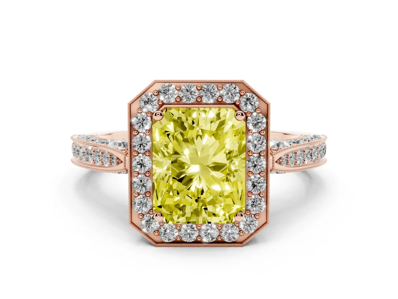 Radiant Cut Milgrain Halo Engagement Ring Setting for a Fancy Yellow Lab-Grown Diamond | Side Stones | Rose Gold