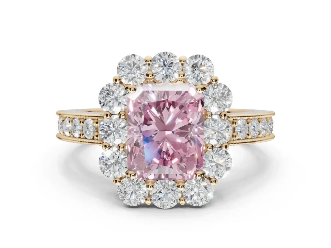 Radiant Cut Halo Engagement Ring Setting for a Fancy Pink Lab-Grown Diamond | Yellow Gold - Design NV-24711