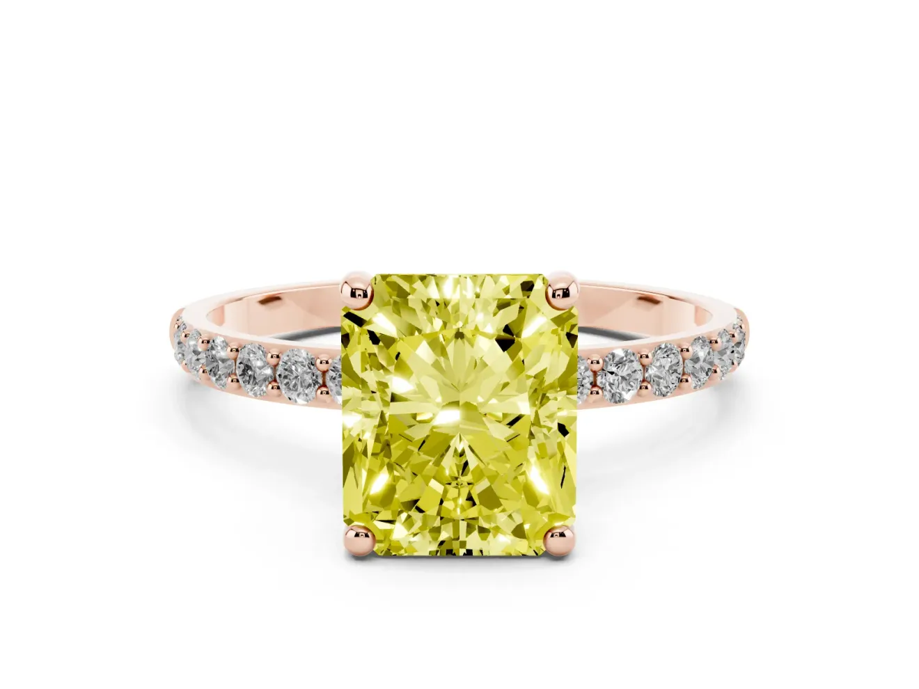 Radiant Cut Pave Solitaire Engagement Ring Setting for a Fancy Yellow Lab-Grown Diamond | Pave Shoulders | Rose Gold