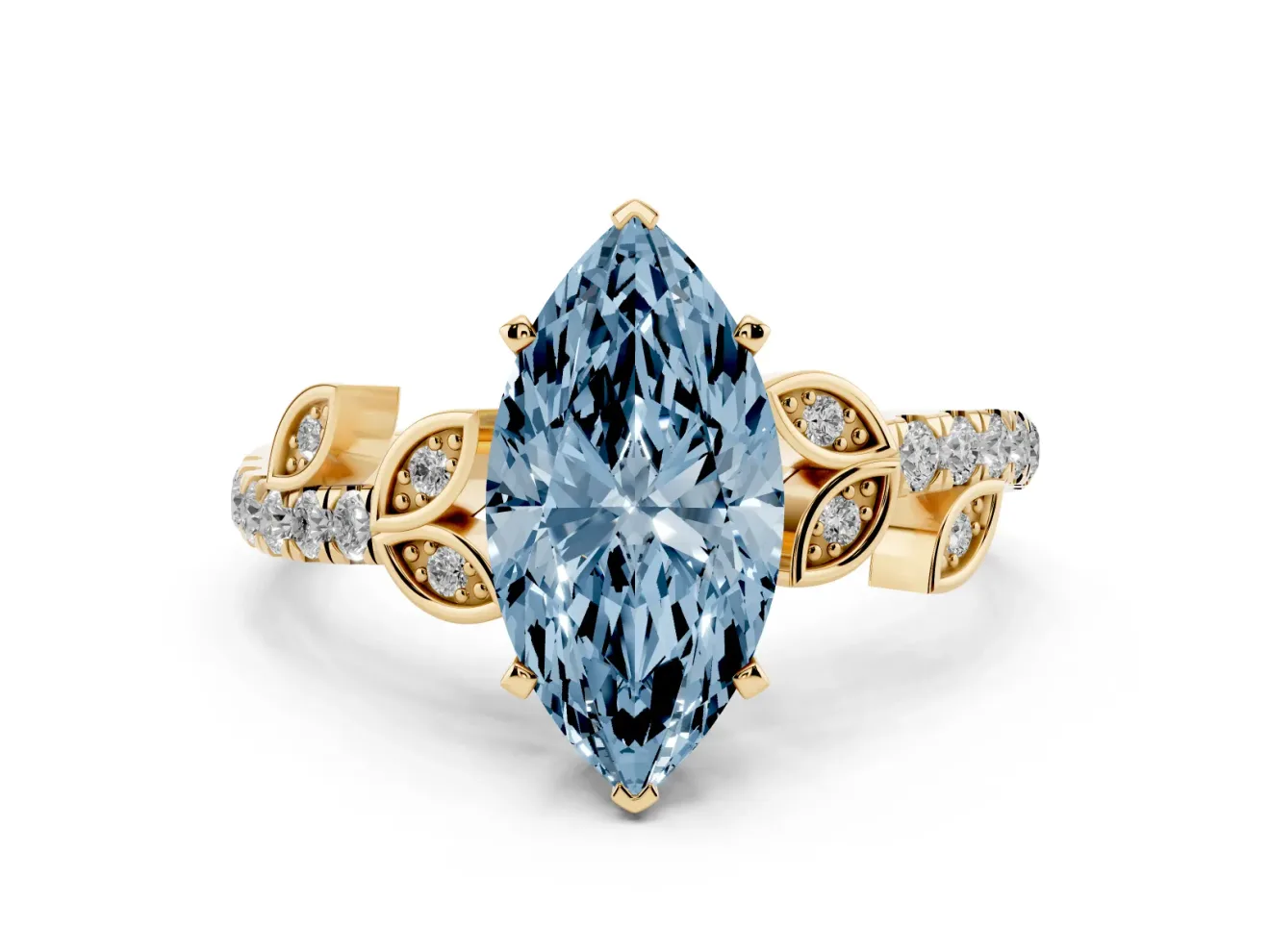 Marquise Leaf Pavé Engagement Ring Setting for a Fancy Blue Lab-Grown Diamond | Yellow Gold
