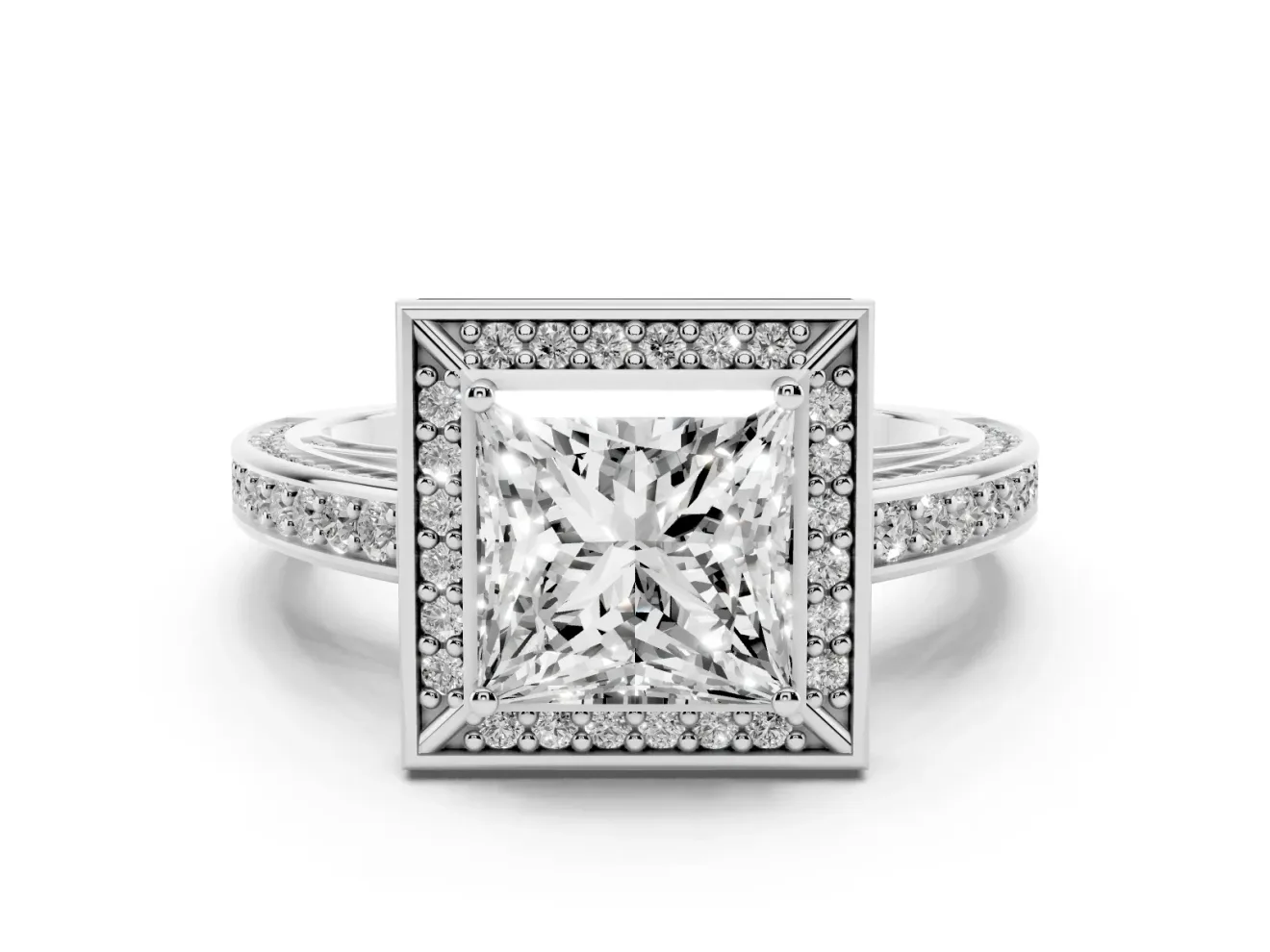 Princess Cut Diamond Halo Pavé Split Shank Ring Set in Silver with Prong Setting