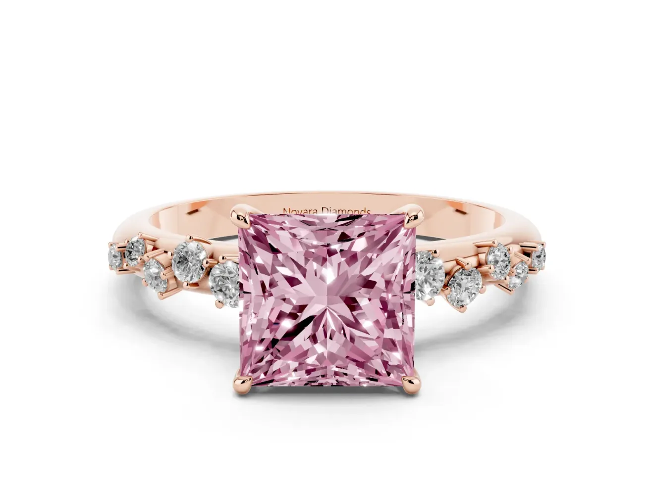 Fancy Pink Princess Cut Diamond Cluster Solitaire Ring Set in Rose gold with Prong Setting