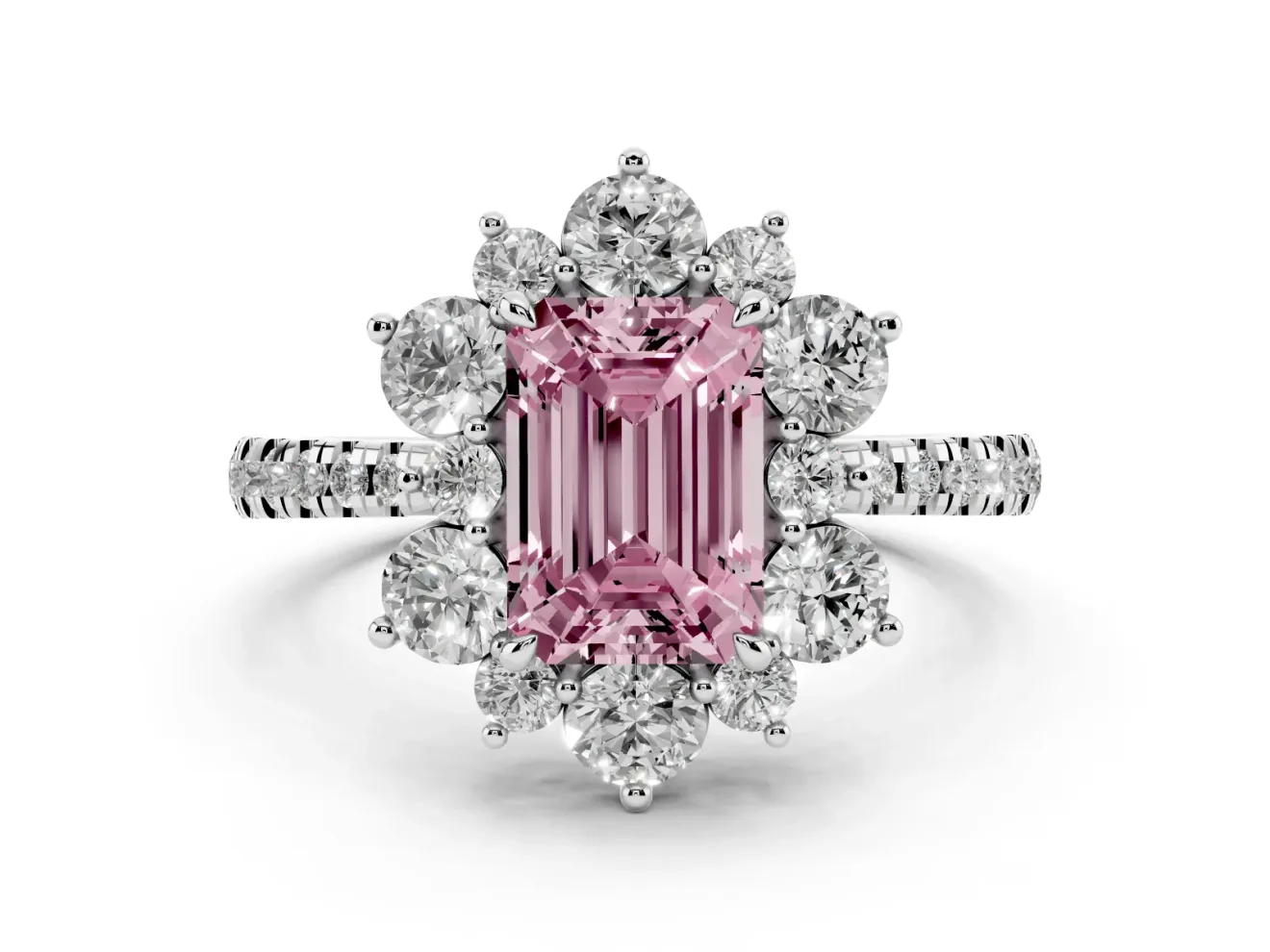 Emerald Cut Star Floral Halo Engagement Ring Setting for a Fancy Pink Lab-Grown Diamond | White Gold