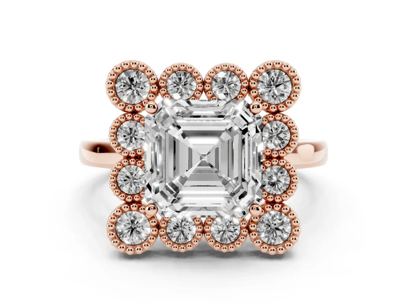 Asscher Cut Vintage Milgrain Bezel Cluster Halo Engagement Ring Setting | Plain Band | Rose Gold