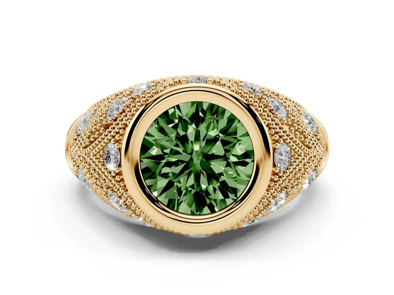 Fancy Green Round Cut Diamond Bezel Ring Set in Yellow gold with Milgrain Accent Band