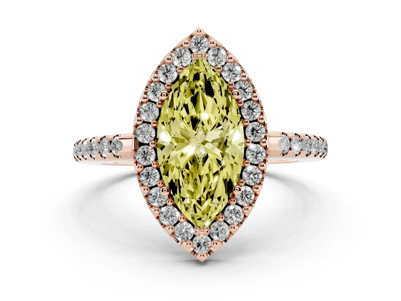 Marquise Pave Halo Engagement Ring Setting for a Fancy Yellow Lab-Grown Diamond | Pave Band | Rose Gold