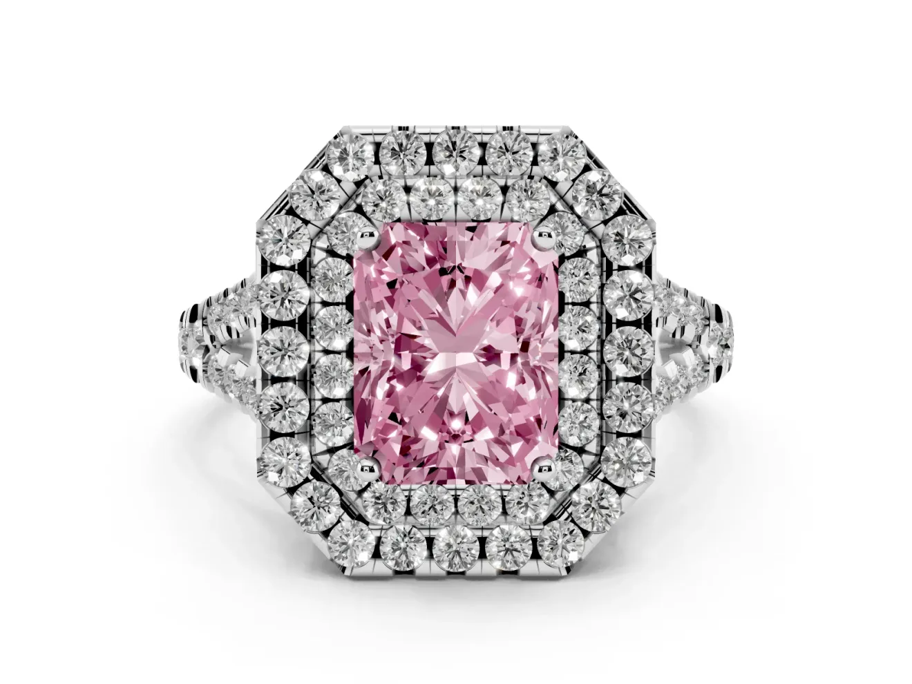 Radiant Cut Halo Split Shank Engagement Ring Setting for a Fancy Pink Lab-Grown Diamond | Sterling Silver