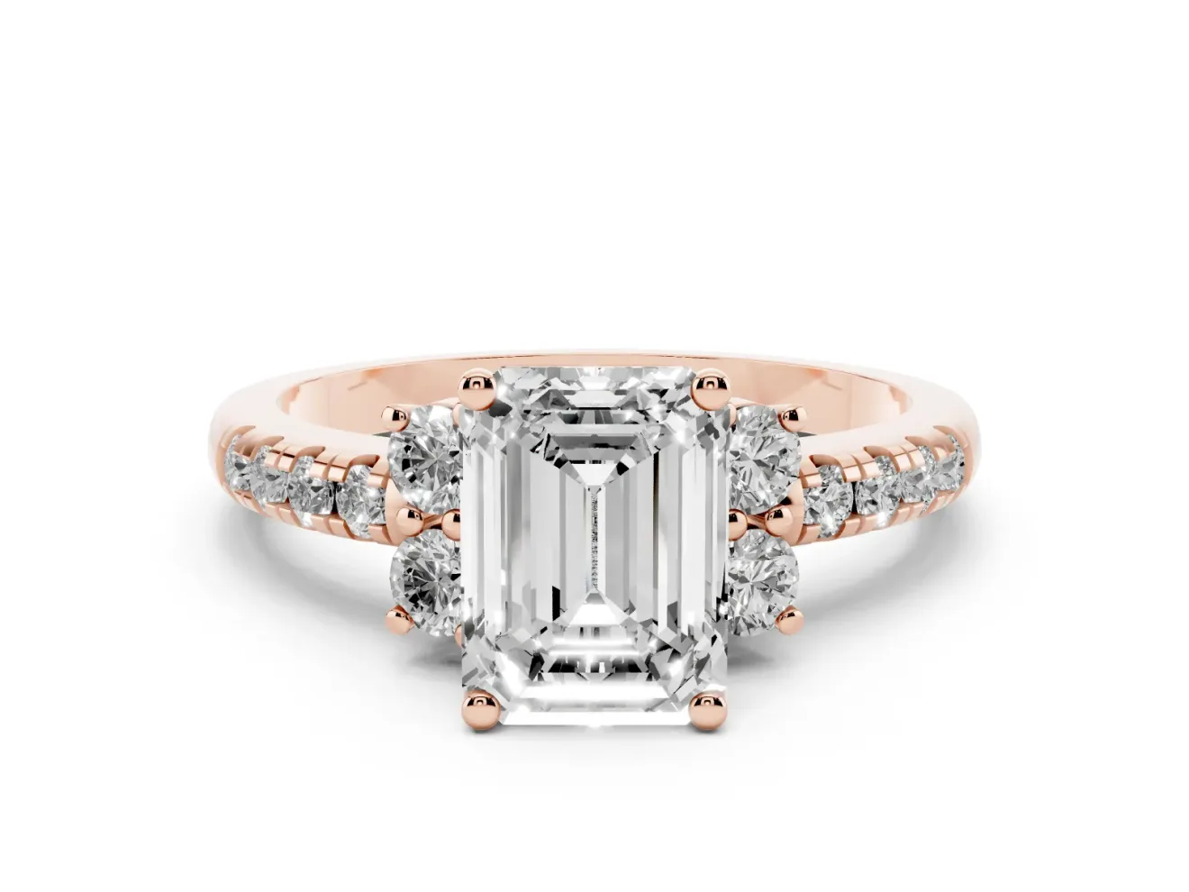 Emerald Cut Side Stone Pave Engagement Ring Setting | Paired Round Accents | Rose Gold