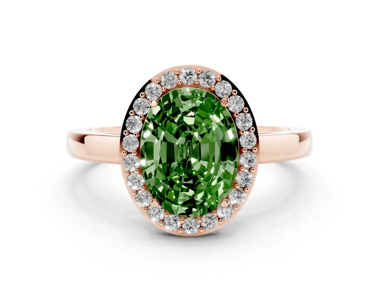 Fancy Green Oval Cut Diamond Halo Ring Set in Rose gold with Solitaire Band and Prong Setting