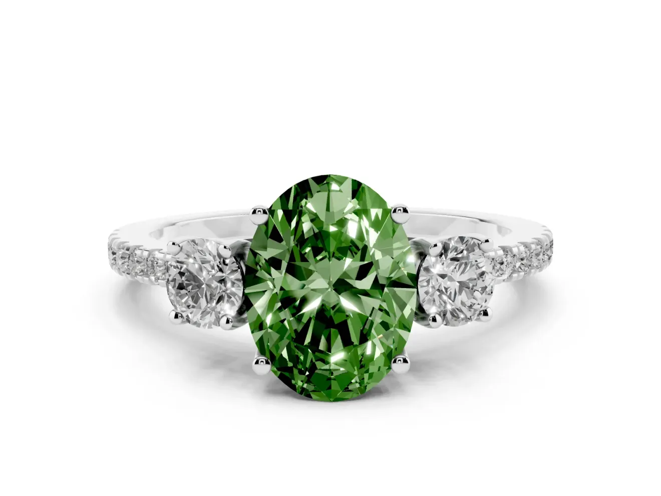 Oval Three Stone Engagement Ring Setting for a Fancy Green Lab-Grown Diamond | Pave Shoulders | Platinum