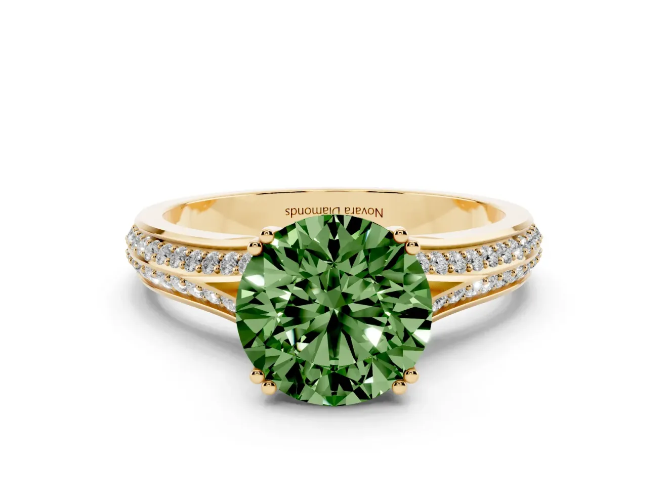Round Pave Split Shank Engagement Ring Setting for a Fancy Green Lab-Grown Diamond | Double Claw Prongs | Yellow Gold
