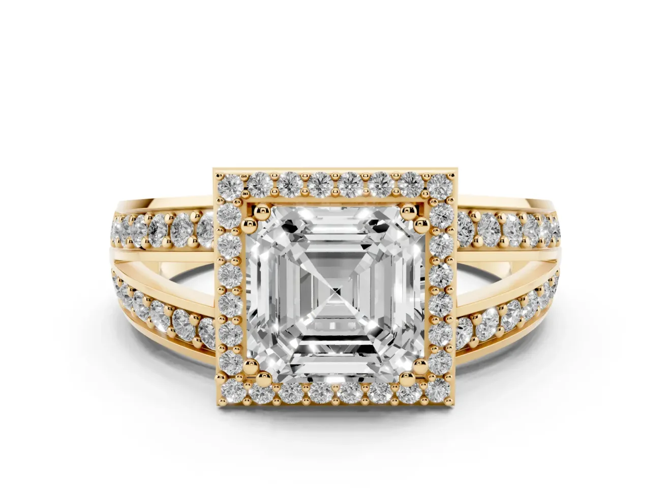 Asscher Cut Halo Engagement Ring Setting | Two-Row Pave Split Shank | Yellow Gold