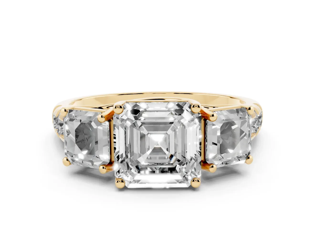 Asscher Cut Three Stone Engagement Ring Setting | Accented Shoulders | Yellow Gold