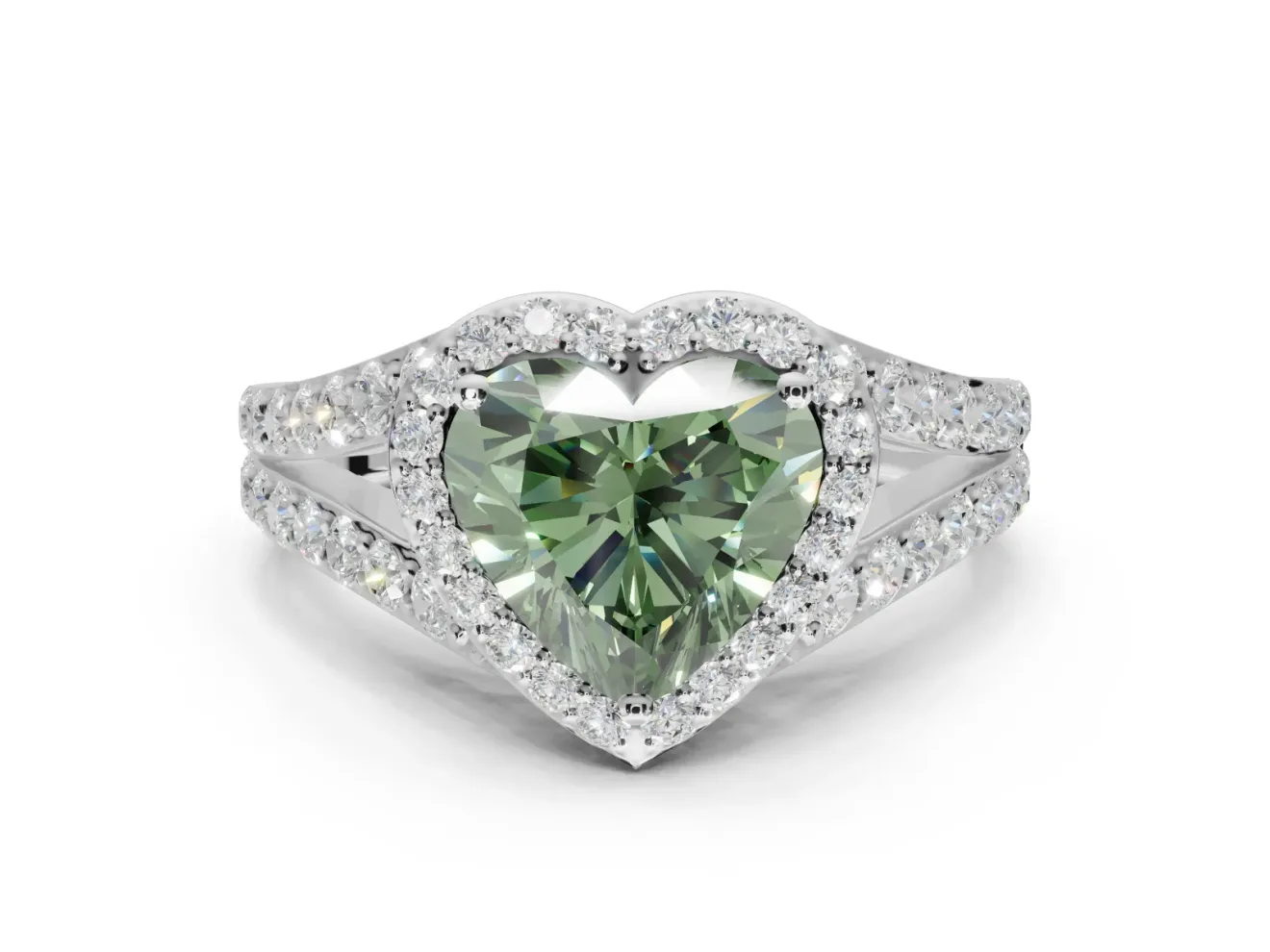 Heart-Shaped Halo Pavé Engagement Ring Setting for a Fancy Green Lab-Grown Diamond | Narrow Split Shank | Platinum