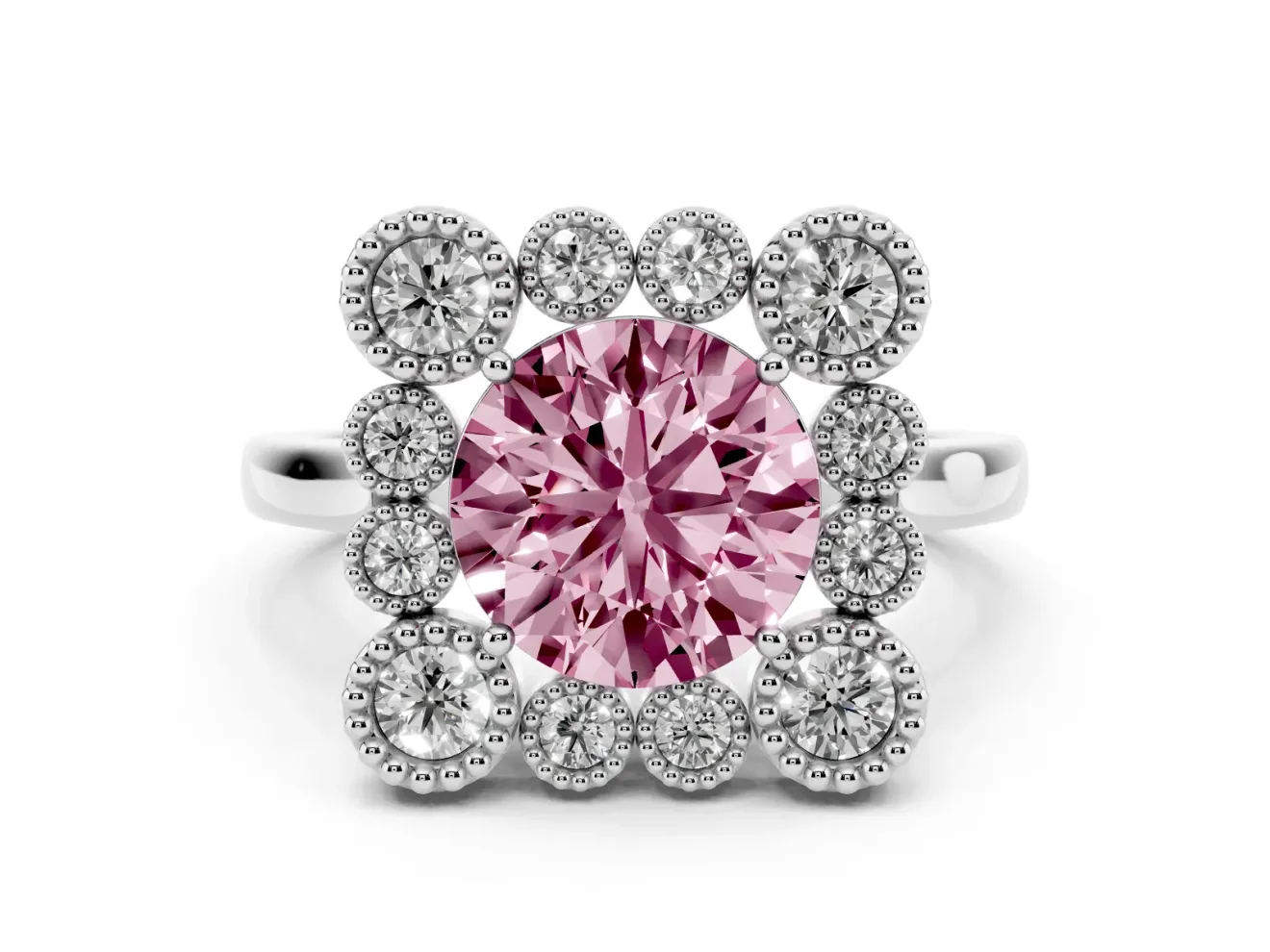 Round Milgrain Cluster Halo Engagement Ring Setting for a Fancy Pink Lab-Grown Diamond | Plain Band | Platinum