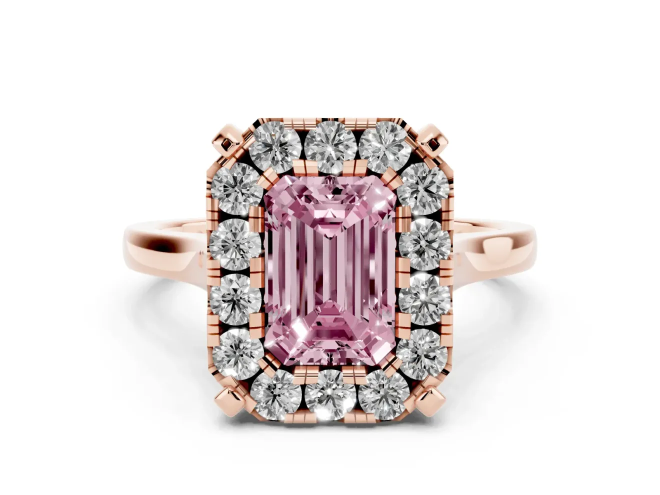Emerald Cut Claw Corner Halo Engagement Ring Setting for a Fancy Pink Lab-Grown Diamond | Slim Plain Band | Rose Gold